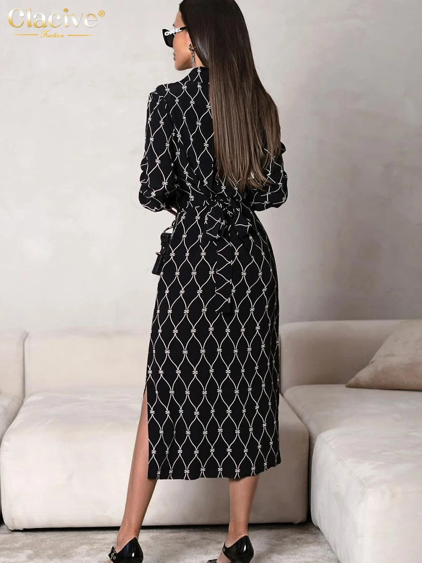 Clacive Fashion Loose Print Women'S Dress 2024 Casual Lapel Long Sleeve Midi Dresses Elegant Classic Lace-Up Slit Female Dress