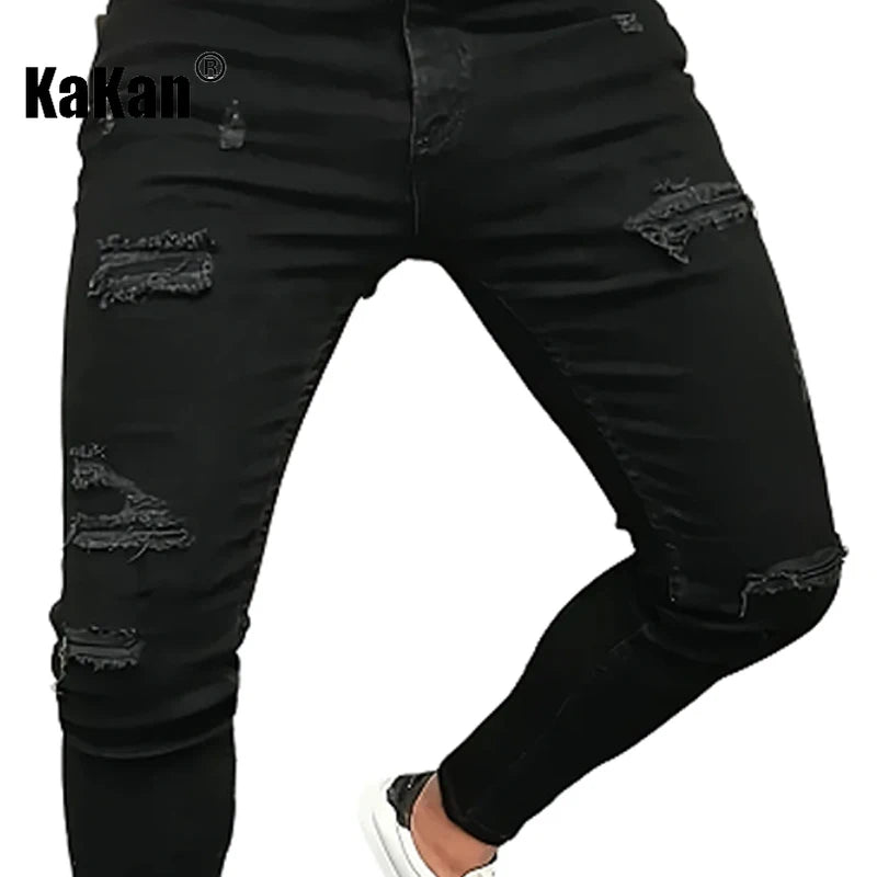 Kakan - New Men's Tight Trendy Patchwork Piercing Jeans, Y2k Solid Color Piercing Waist Small Leg Pants Long Jeans