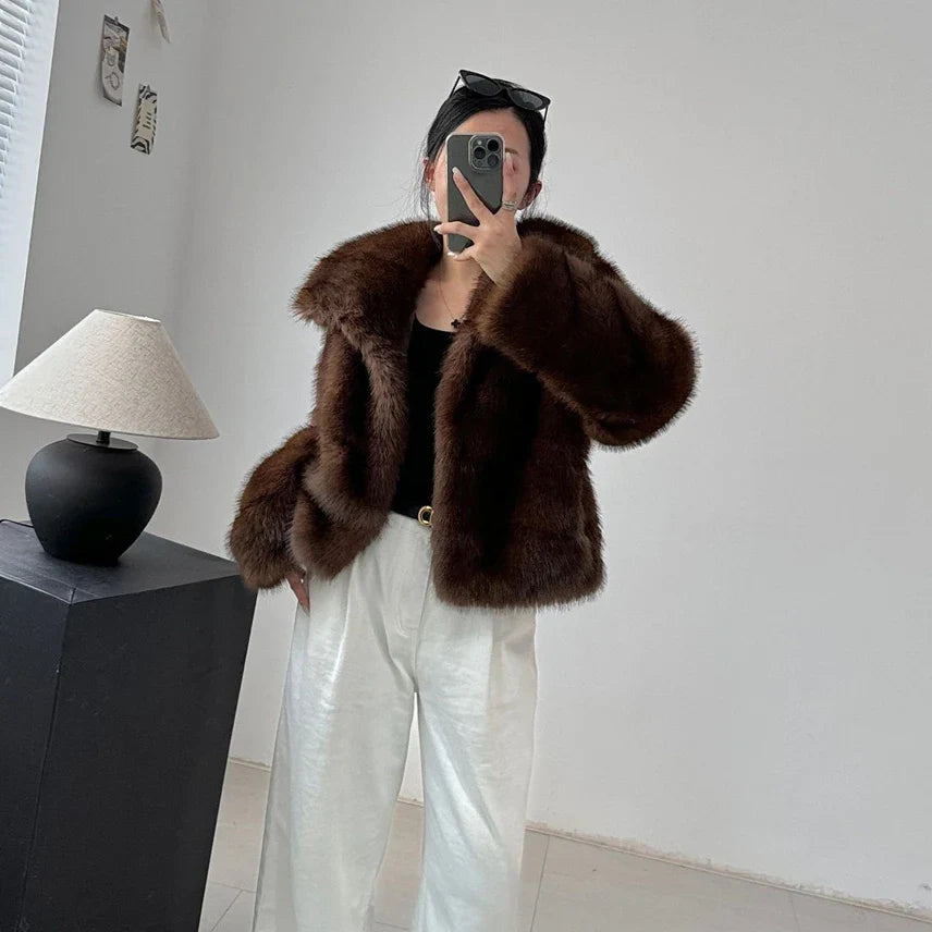 Brown Women Faux Sable Fur Jacket Oversized Lapel Long Sleeve Warm Fluffy Coats 2024 Winter Female Loose Streetwear Outwears