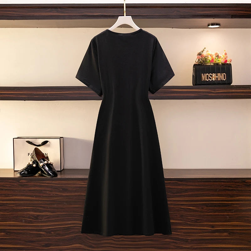 Plus-size women's summer casual cotton dress shoulder hollowed-out slit hem design elegant sexy solid color long dress