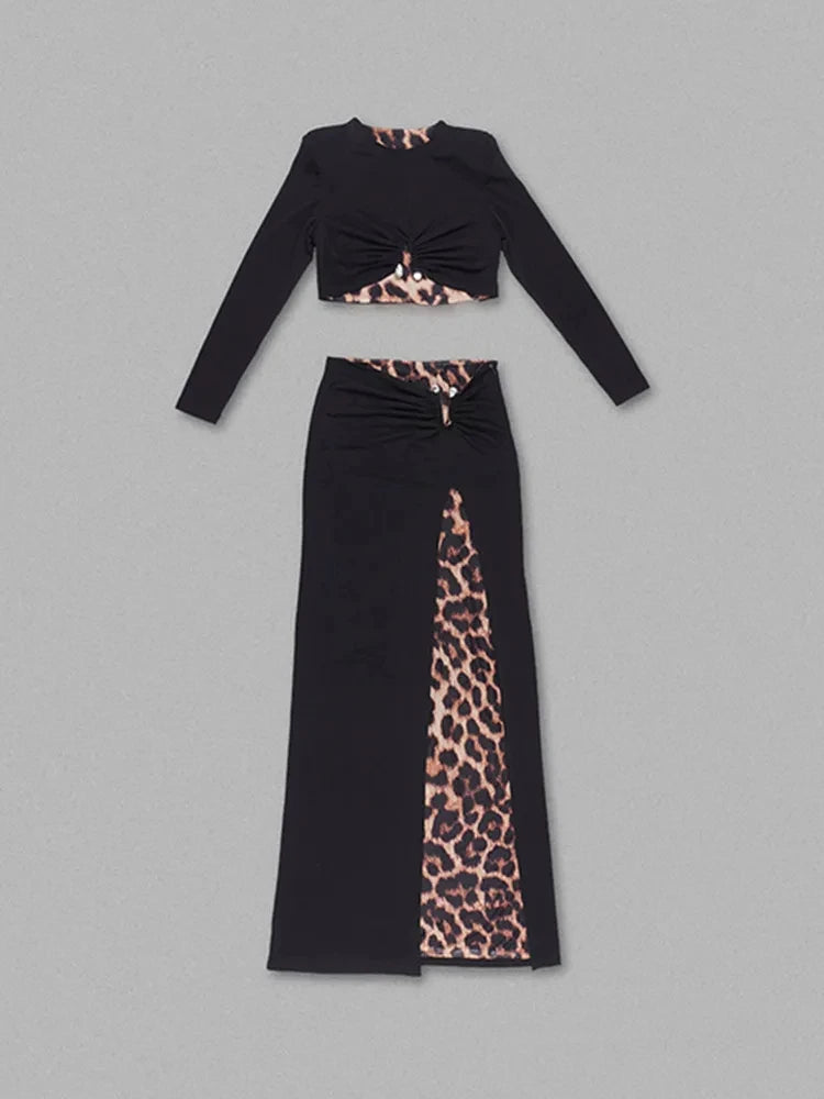 Women Celebrity Sexy Long Sleeve Leopard Black Maxi Long Skirt Bandage Set 2024 Elegant Evening Club Party Outfits