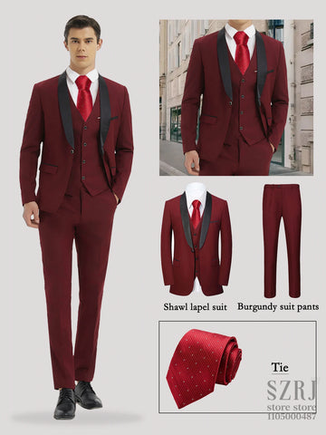 4-Piece Men'sy Suit:Jacket,Vest,Pants&Red Tie.Classic,Fashionable, Smooth Lines.For Business Elites,Events,Banquets,Weddings.
