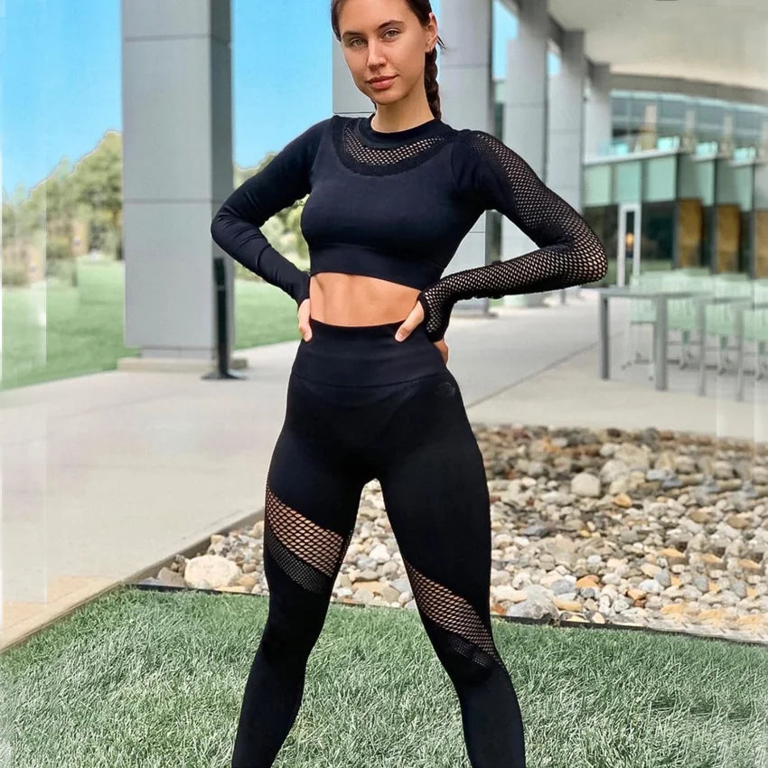 Seamless Yoga Set Sport Outfits Women 2pcs Two Piece Hollow Long Sleeve Crop top Leggings Workout Wear Gym Suit Fitness Sets