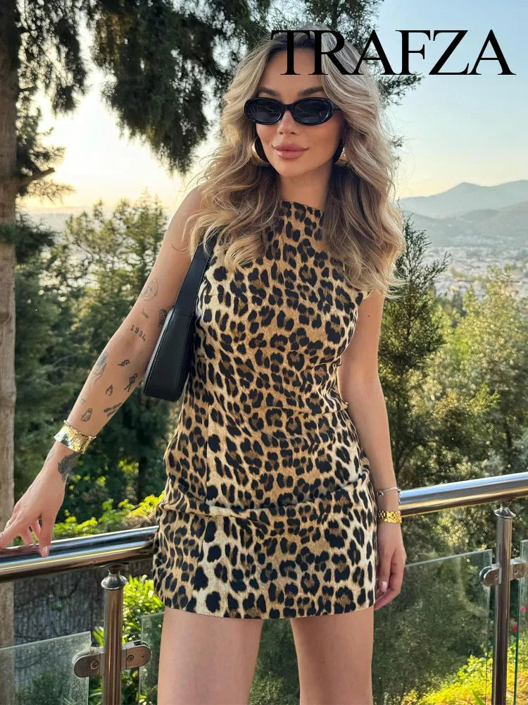 Trafza Sommer Chic Leopard Print sexy Frauen Mini Kleid Retro Runde Neck ärmelloses Reißverschluss Frauenparty Kleid Y2K