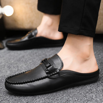 Leather Men Half Slippers Summer Breathable Mens Casual Shoes Slip on Lazy Driving Shoes Comfortable Walking Loafers Moccasins