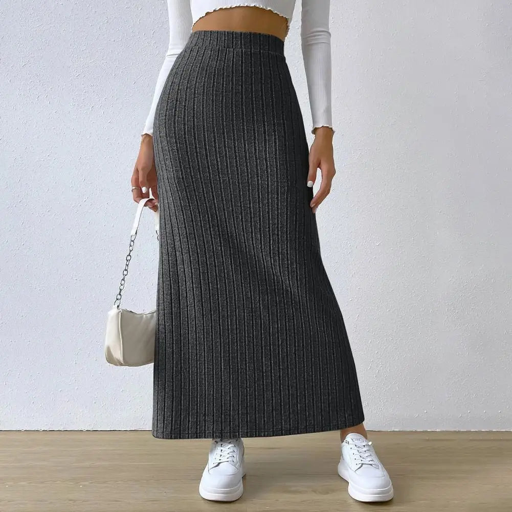 Solid Color Long Skirt Striped High Waist Knitted Maxi Skirt for Women Warm Slim Fit Ankle Length Sheath Skirt with Split Hem