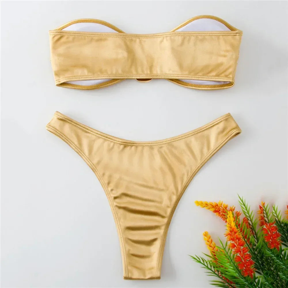 Sexy U Shaped Bandeau Bikinis Set Mujer Strapless Swimwear Women Gold Swimsuit Bathing Suit Biquinis Brazilian Bikini Swim 2024