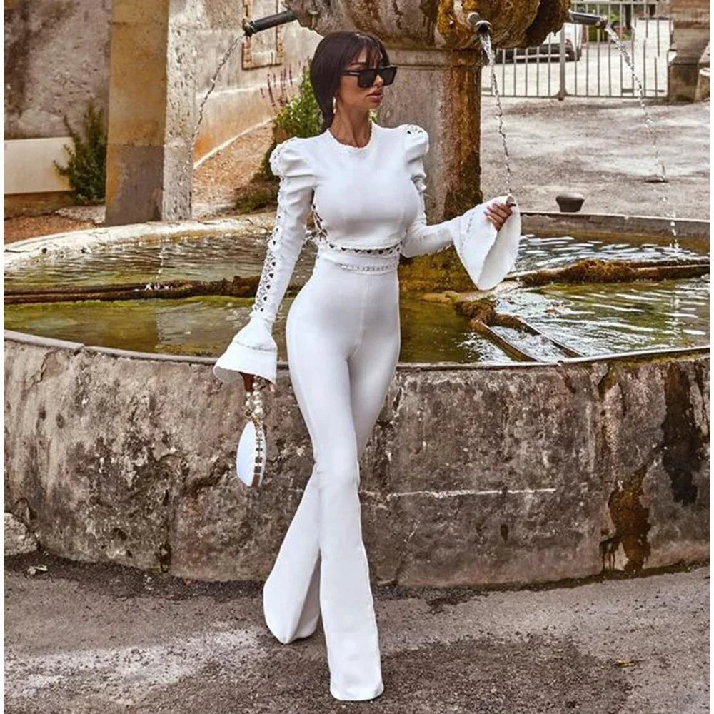 Mujeres Estilo de invierno Sexy Selete de manga larga Blanca Blanca Two Pieces Set de vendaje 2024 Diseñador Celebrity Fashion Farty Set Women's