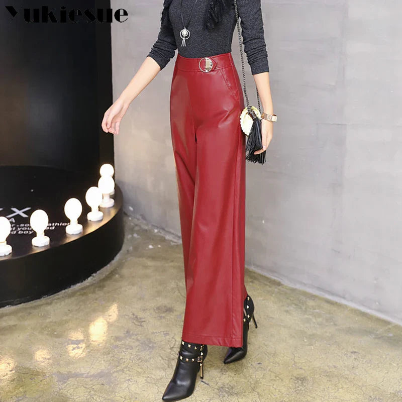 Wide leg pants capirs women 2022 winter warm PU leather pants female trousers OL office formal casual pants woman clothes