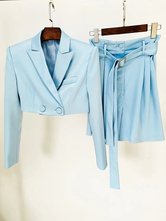 HIGH STREET Newest 2024 Fashion Designer Runway Suit Set Women's Satin Crop Blazer Jacket Belted Shorts Set 2pcs