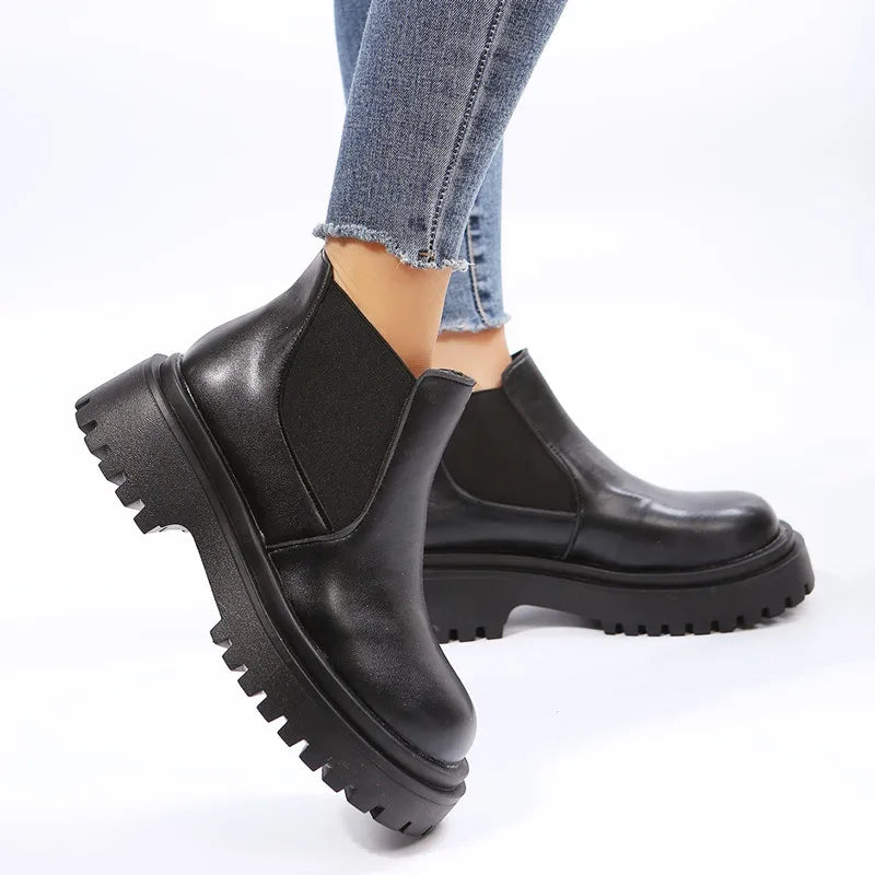 Chelsea Boots for Women 2023 PU Leather Ankle Booties Woman Punk Thick Bottom Slip on Combat Boots Black Chunky Platform Botas