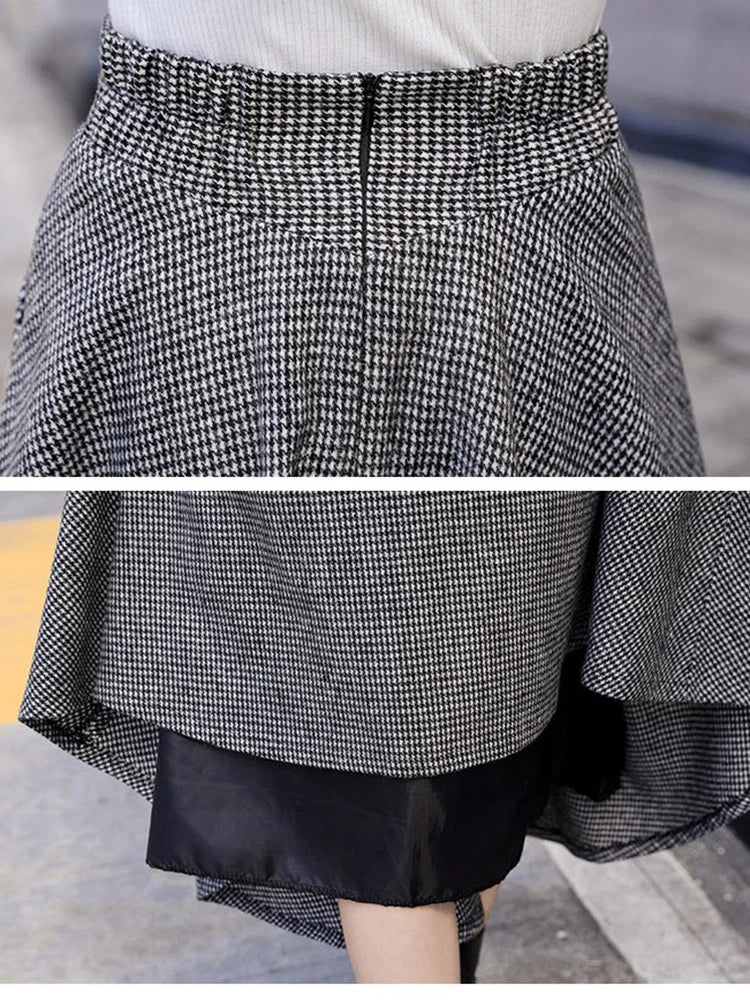 High Waist Vintage Houndstooth Plaid Warm Wool Long Skirt For Women 2023 Elegant Casual Big Swing A-Line Saias Longas Female