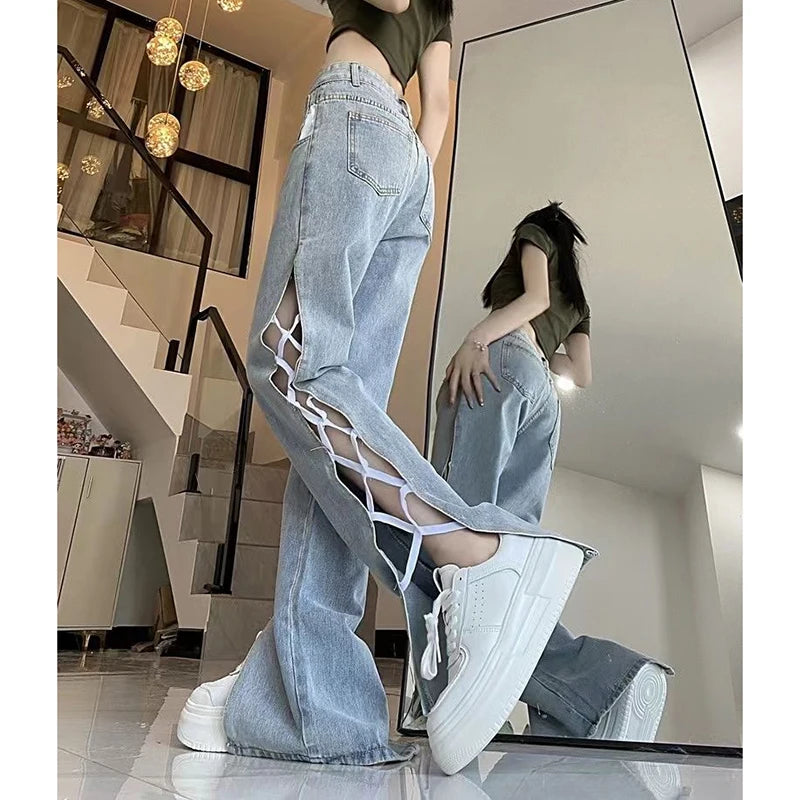 Casual Split Straight Jeans Women Fashion Hollow Out Bandage Design Trousers Woman Korean Style High Waist Blue Denim Pants 2024