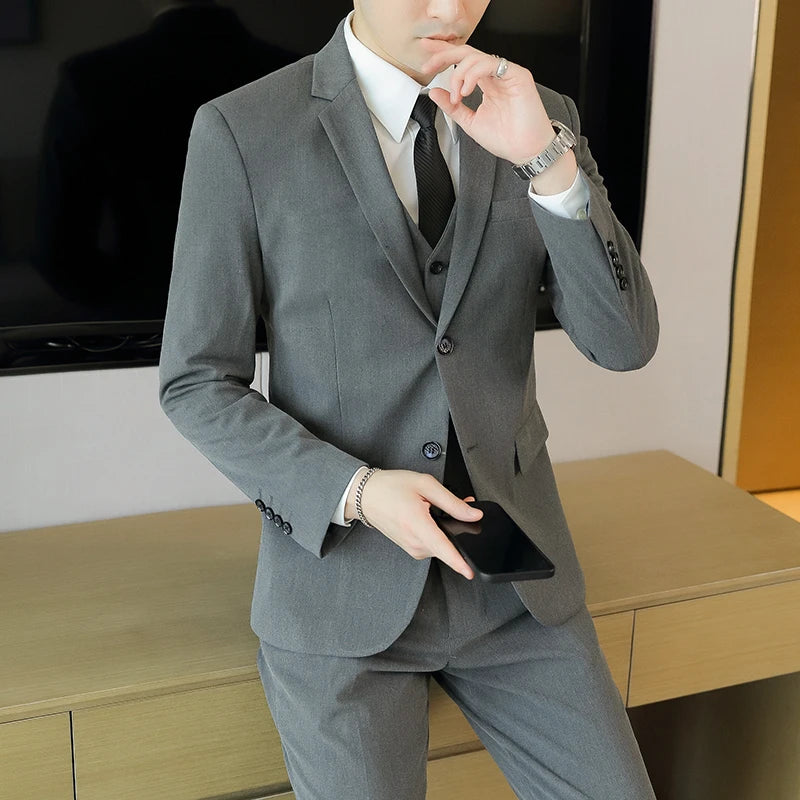 High-End Men's Wedding Suit 3-Piece Set Handsome Banquet Smart Casual Fashionable Three-Quarter Length Vest Trousers Four Season
