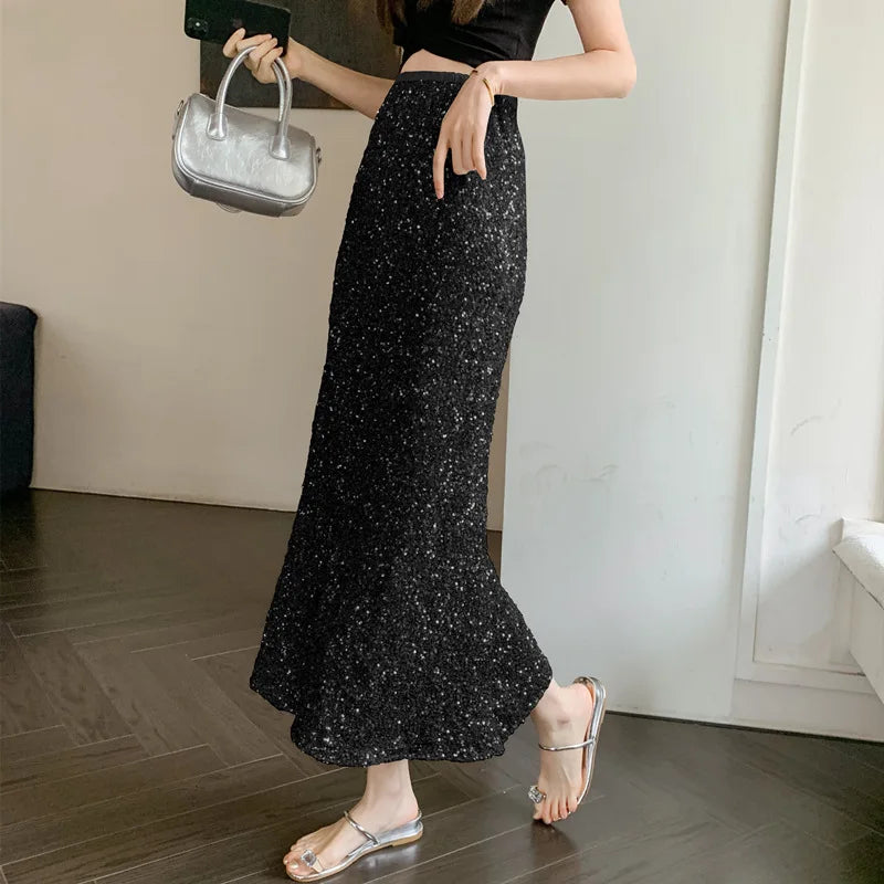 New Heavy Industry Sequins Fish Tail Skirt for Spring/summer 2024 Luxury Sexy High Waisted Slimming Hip Pack Long Mermaid Skirt