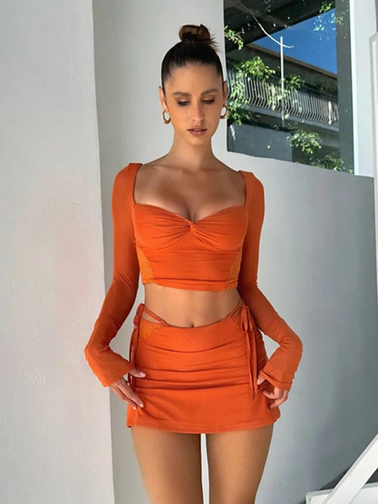 hirigin Women Summer 2 Pieces Outfits Solid Color Sweetheart Neckline Long Sleeve Crop Tops and Side Tie-Up Mini Skirts Set