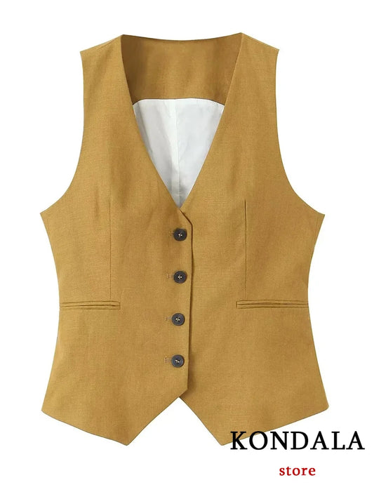 KONDALA Office Lady Linen Brown Suits Women V Neck Single Buttons Vest Blazer+High Waist Wide Leg Pants Fashion 2023 Summer Sets