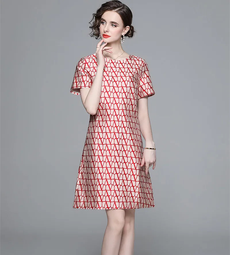 2024 New Fashion Geometry Jacquard Short Sleeve Summer Dress Chic Elegant Temperament  A-line Round Neck Dress Women Vestidos