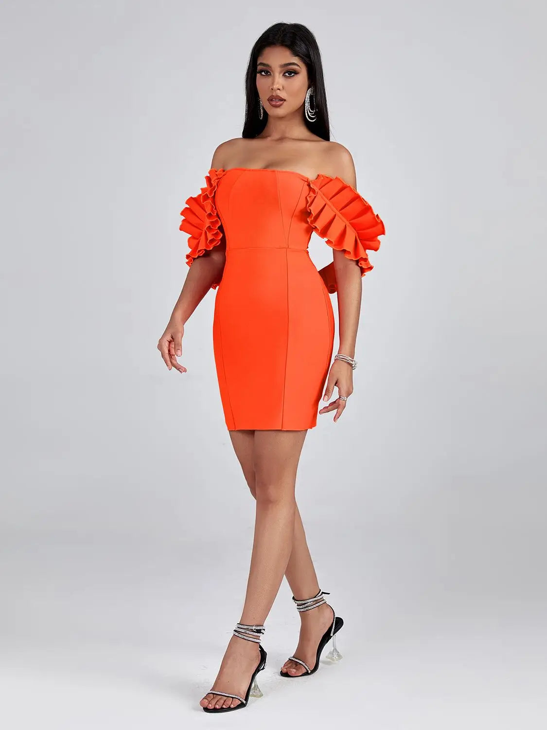 Orange Bandage Dress Women Mini Party Dress Bodycon Ruffle Elegant Sexy Off Shoulder Birthday Evening Club Outfits Summer