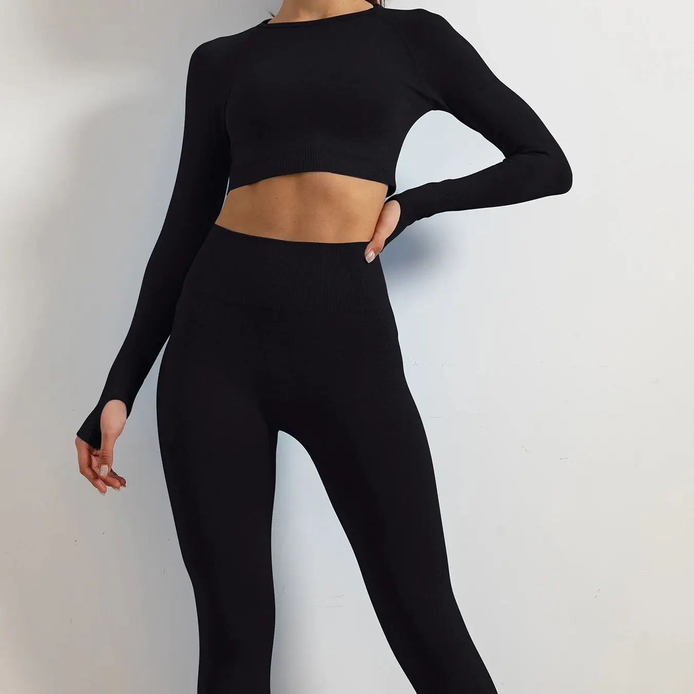 Ensemble de 2 combinaisons de yoga sans couture pour femmes avec trous de pouce à manches longues gym de gym de fitness entraîne de yoga wega leggings pantalon long