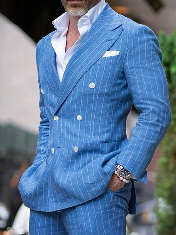 Summer Striped Linen Double Breasted Peaked Lapel Suit for Men Slim Fit Man 2 Piece Outfit Set Casual Traje Formal Para Hombre