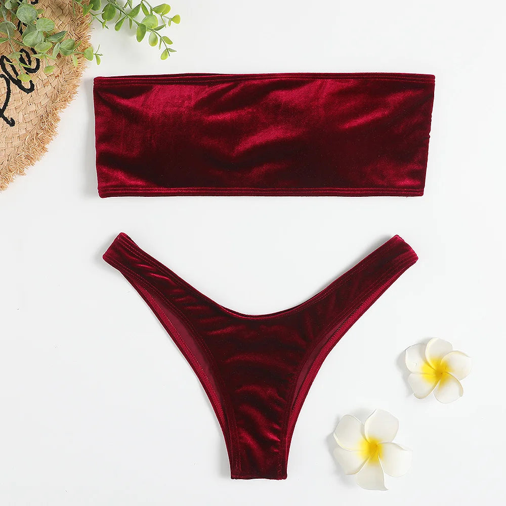 Velvet Bikinis 2023 Mujeres Brasil Bandeau traje de baño sólido Sexo traje de baño femenino