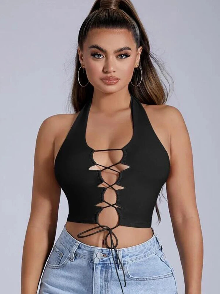 Lace Up Front Crop Halter Top Sleeveless Lace up Top Cutout Front Cami Tank