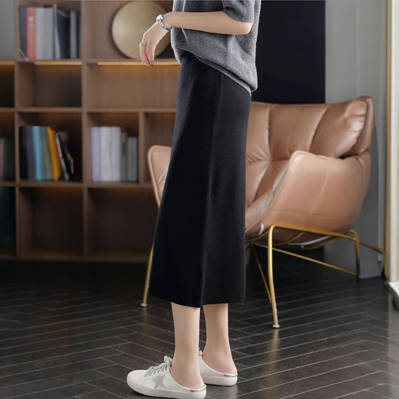 Women's Cashmere Long Knitted Skirts High Waisted Wool Midi Skirt Black Dark Brown Grey Pink Female Bottoms Winter Fashion Y2k