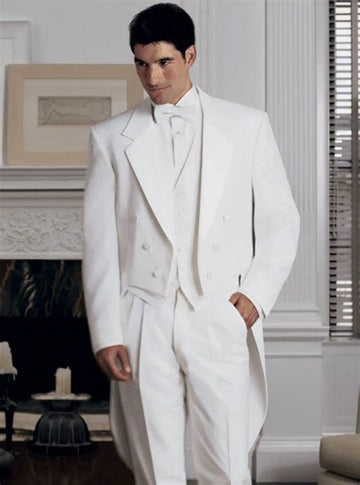 White Men's 3 Pieces Tailcoat Groom Tuxedos Dinner Suits Swallow-Tailed Coat Waistcoat & Trousers Formal Men Suits for Party