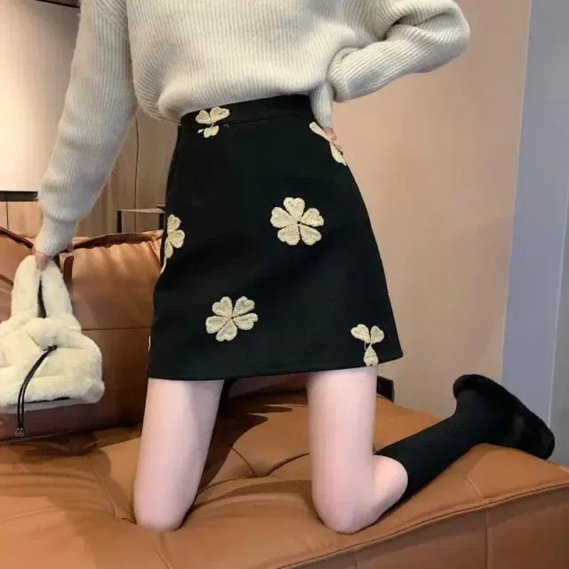 Sweet Fashion Preppy Style Autumn/Winter New Women's Woolen Embroidered Zipper Korean Casual High Waist Slim Short A-line Skirt