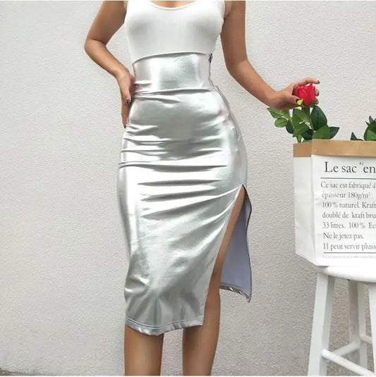 Sexy bodycon split silver skirt Women  high waist skirt winter Female Elegant Fashion party bottom long skirts