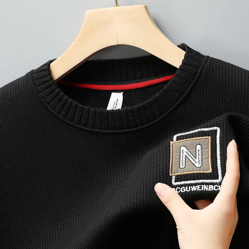 New Men's Fashion Sweater Autumn Winter Fleece Lined Clothes Thickened Pullover Crew Neck Knitted Pullovers Knitwear