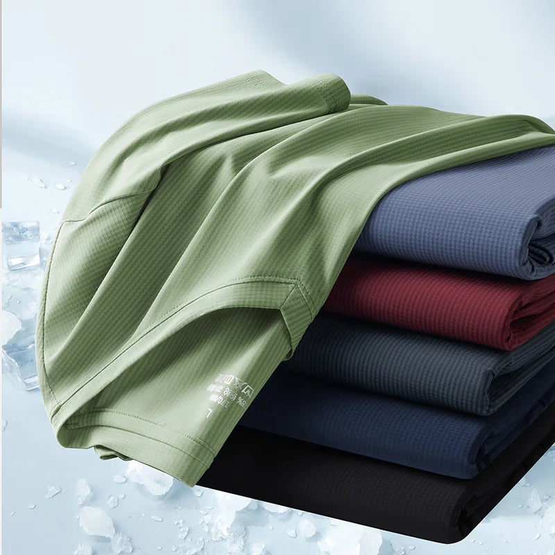 Good Quality T-Shirts Men Stripe Ice Silk V-neck Absorbing Shirtcool Breathable A Cool Feeling Bottoming Shirt Male Short Sleeve