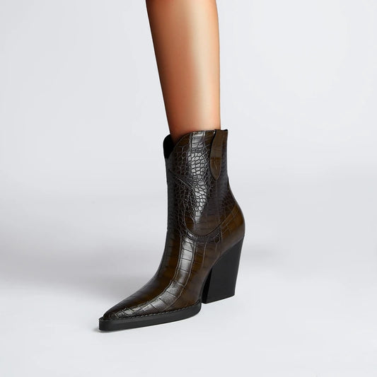 Kaky's New Pointed Stone Pattern Thick High Heels Large Women's Boots Western Boots Short Boots