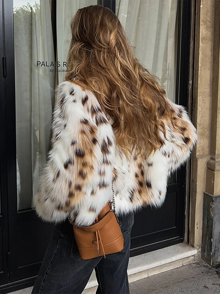 Leopard Faux Fur Coat Women Short Autumn Winter Plush Stand Collar Panelled Jacket Female Warm Stylish Outerwears Lady Casual