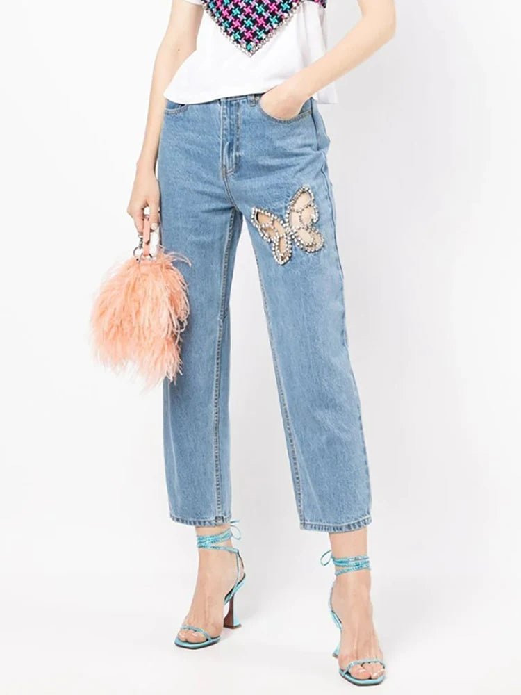 DEAT Women Notched Collar Diamond Tassel Short Denim Coat High Waist Butterfly Hollow Out Jeans 2024 Summer New Fashion 29L2717