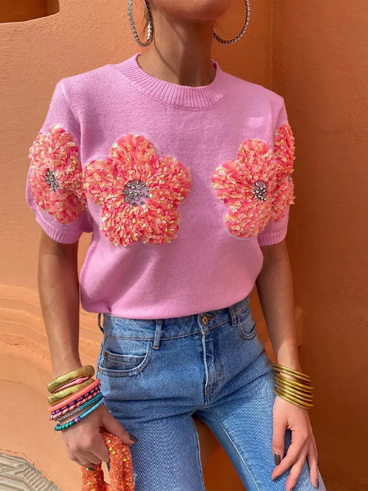 Fashion Women 3d Flower Sweater Elegant Lady O Neck Sweepleved Archever Tops 2024 Femenina Femenina Conjuntos callejeros de conmutación