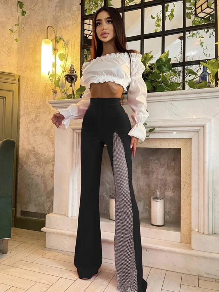 Black Red White New Summer Women Rayon Bandage Sexy Wide Leg Pants Fashion Diamond Keyholes Celebrity Wear Full Length Pant