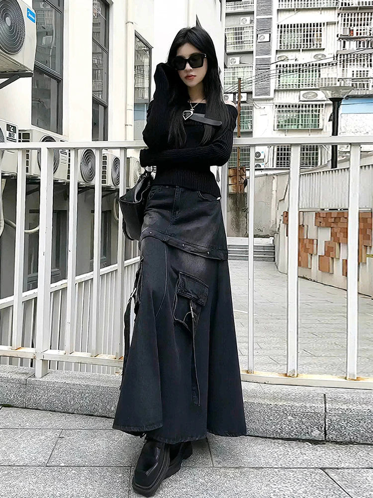 High Quality Black Denim Skirt Thin Office Lady Vintage Fashion Pockets Autumn Winter High Waist A-Line Skirt New Design Gothic