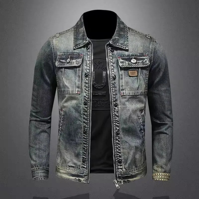 Spring and Autumn Fashion Trend American Retro Motorcycle Denim Jacket Men's Casual Loose Sports Large Size High-Grade Jacket