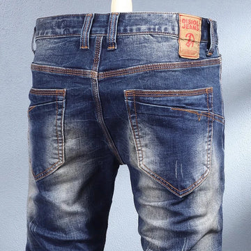 Y2KFashionable new jeans, washed, nostalgic, stretchy, slim fit, retro blue, men's jeans, designer, high-quality jeans, hombre