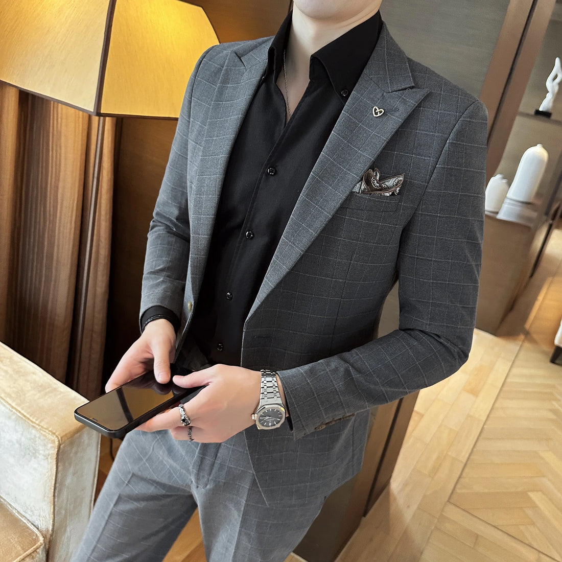 High-quality, fashionable, stylish and casual autumn men's checked suit two-piece set, slimming British casual suit set