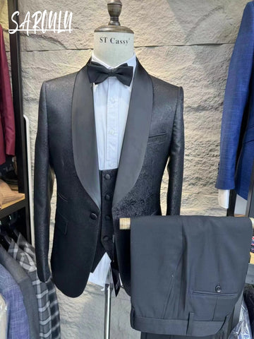 Daily Textured Men's Suit Elegant Wedding Host Groom Wear Luxurious Jacket Vest Pants Office Set Four Seasons Tuxedo On Sale