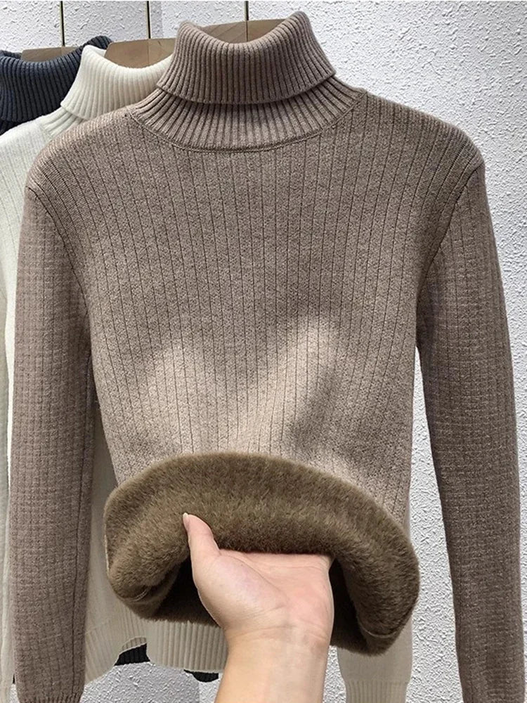 Warm Knit Pullover New Thicken Turtleneck Sweater For Winter Women Casual Slim Plush Lined Soft Long Sleeve Knitwear Jumper Tops