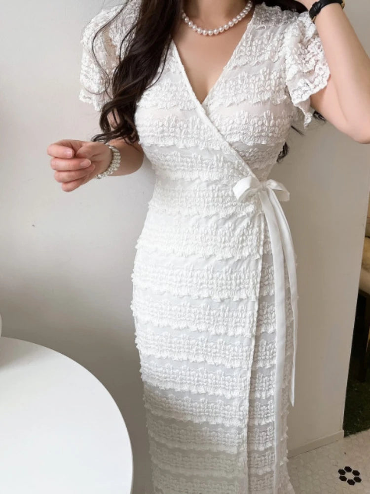 Women Elegant Bodycon Dress Summer Sexy V-neck Short Sleeve Korean Long Dresses Ladies Vintage Solid White Black Long Robe