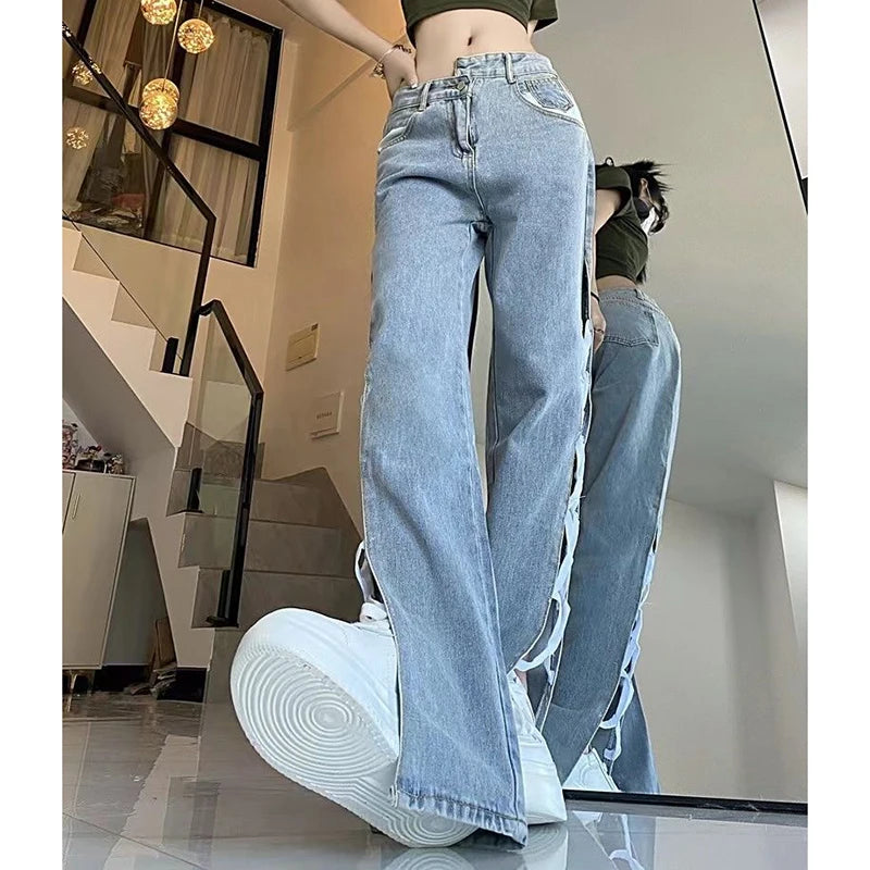 Casual Split Straight Jeans Women Fashion Hollow Out Bandage Design Trousers Woman Korean Style High Waist Blue Denim Pants 2024