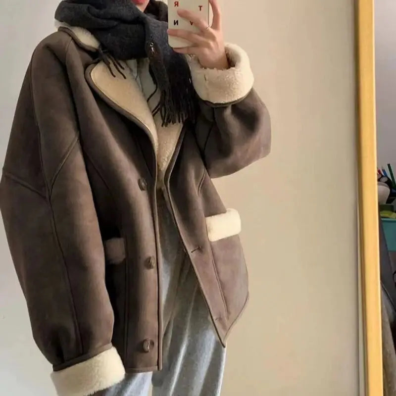 Lady Winter Woman's Fashion Thick Warm Faux Shearling Jacket Coat Vintage Long Sleeve Female Real Wool Outerwear