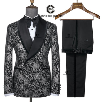 Cenne Des Graoom 2025 Elegant Luxury Double Breasted Suits for Men Shining Sliver Tuxedo Jacket Trousers 2 Pieces Party Wedding