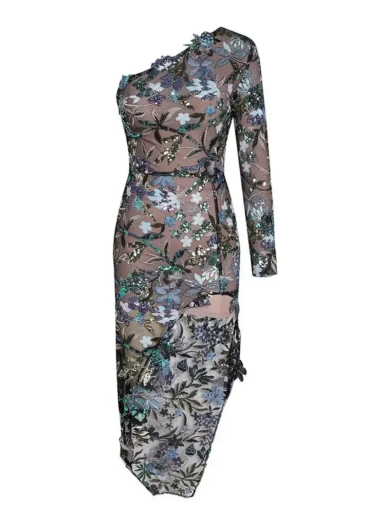 2024 sexy Frauen eine Schulter lange Ärmel Luxus -Pailletten Blumengestickte asymmetrische Blume Schlanker langes Kleid Bodycon Party Kleid