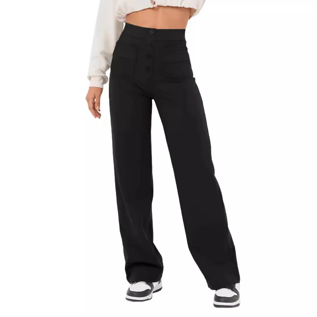 Women's High-waisted Elastic Casual Trousers Fashionable Casual Straight-leg Pants Buttoned Elegant Casual Pants